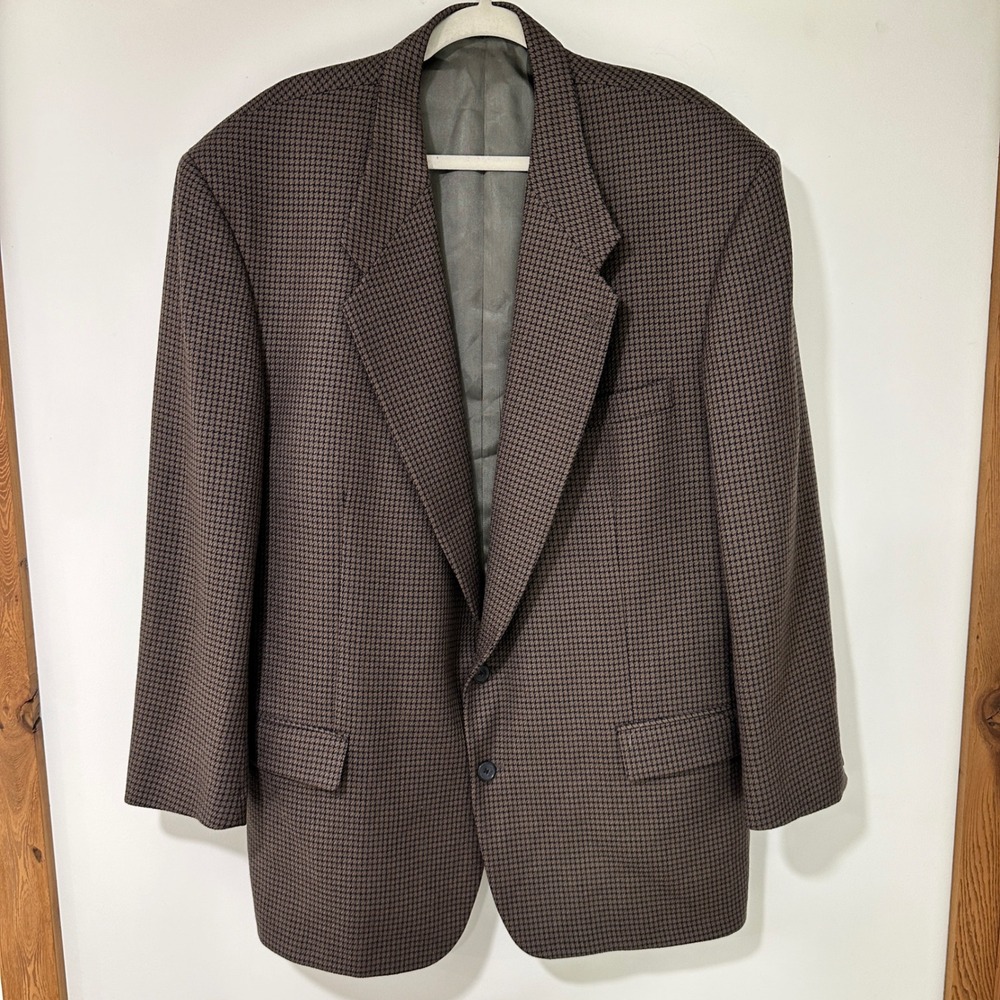 Tallia Uomo Blazer Sport Coat 100% Wool Houndstooth Brown Made in USA Mens 44R